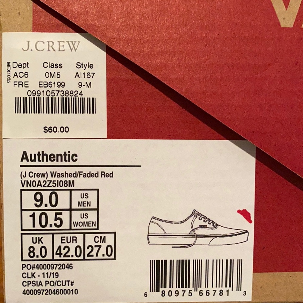 J. Crew x Vans® Authentic Sneakers in Washed Canvas, Faded Red, Sz 9 US MEN